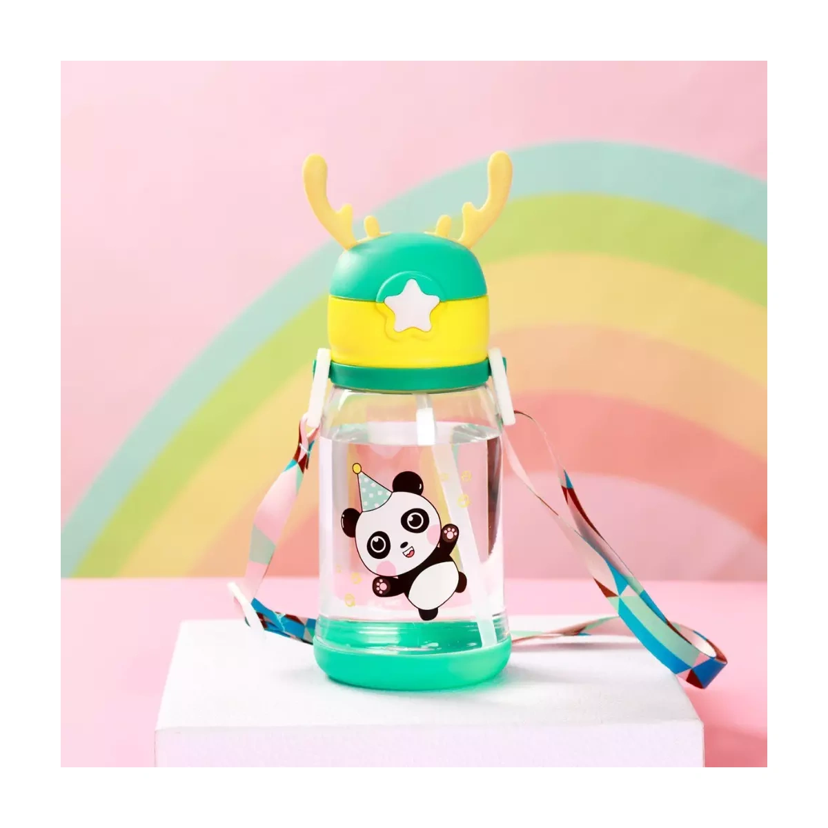 Garrafa De Água Infantil Criança Portátil Com Canudo Desenho Multicolorido 600ml - Imagem 5