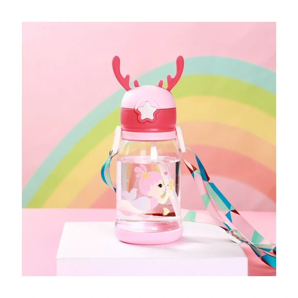 Garrafa De Água Infantil Criança Portátil Com Canudo Desenho Multicolorido 600ml - Imagem 2